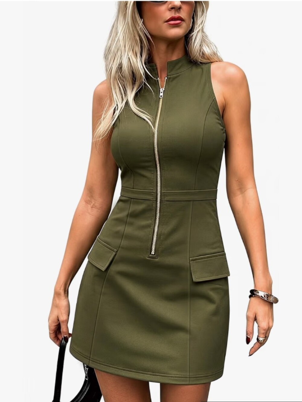 Sleeveless Olive Green Zip-Front Mini Dress